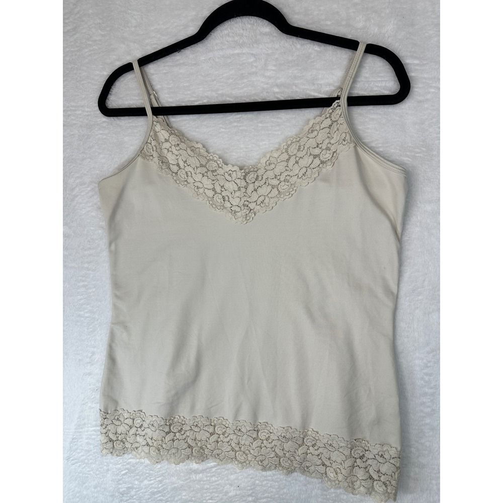 White House Black Market Camisole Womens L Beige Lace Trim Adjustable Straps
